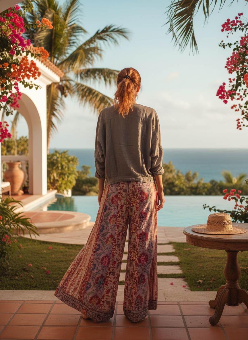 pantalon large brodé à la main de couleur parme